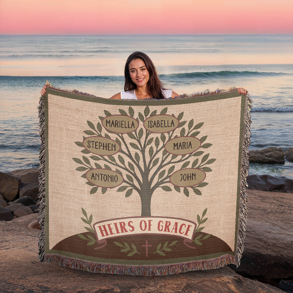 Custom Family Tree Heirloom Woven Blanket with Olive Branch and Cross