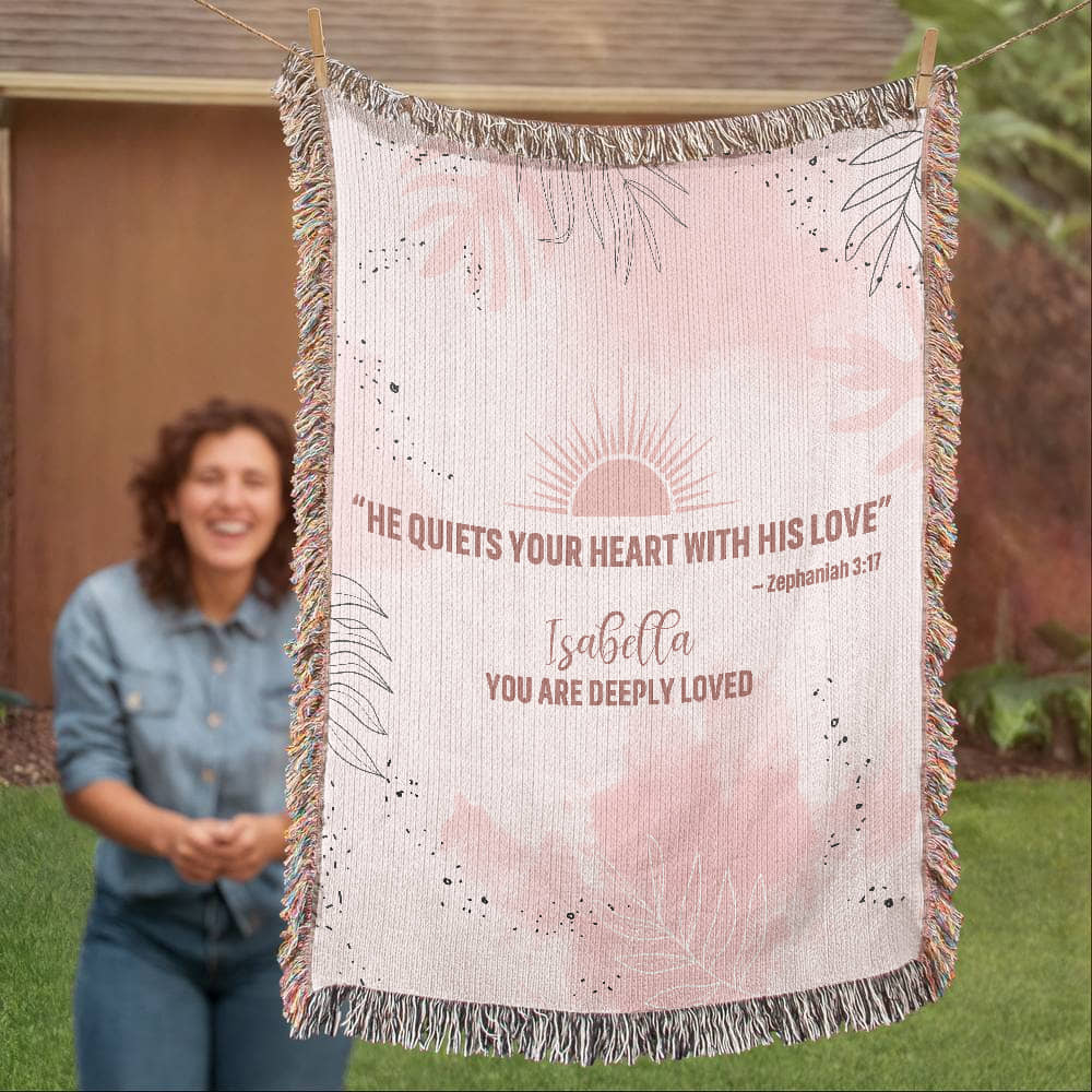 He Quiets Your Heart – Zephaniah 3:17 Christian Woven Blanket, Scripture Throw