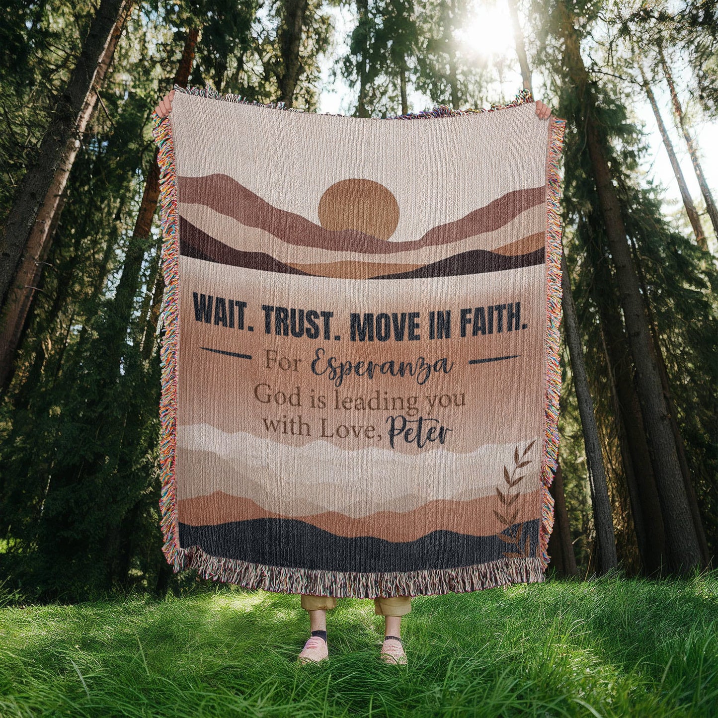 Wait Trust Move in Faith – Personalized Christian Woven Blanket, Scripture Throw
