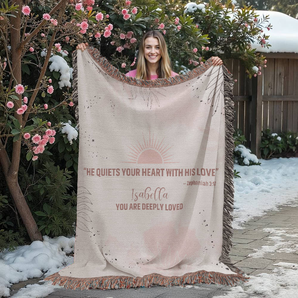 He Quiets Your Heart – Zephaniah 3:17 Christian Woven Blanket, Scripture Throw