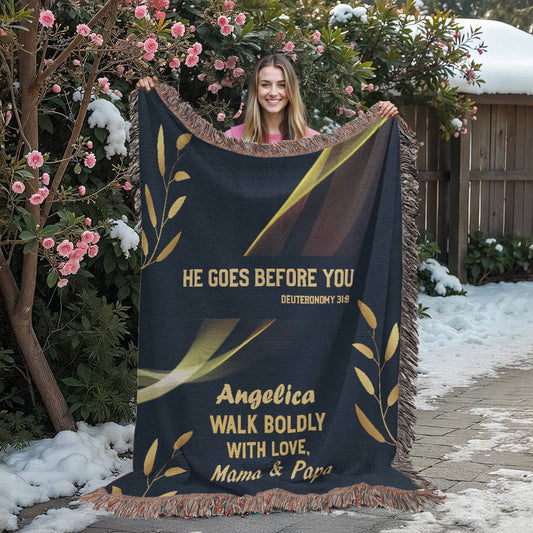 He Goes Before You – Deuteronomy 31:8 Christian Woven Blanket, Scripture Throw