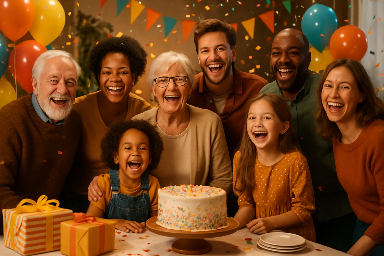 Celebration scene with diverse people celebrating together with balloons, confetti and festive decorations