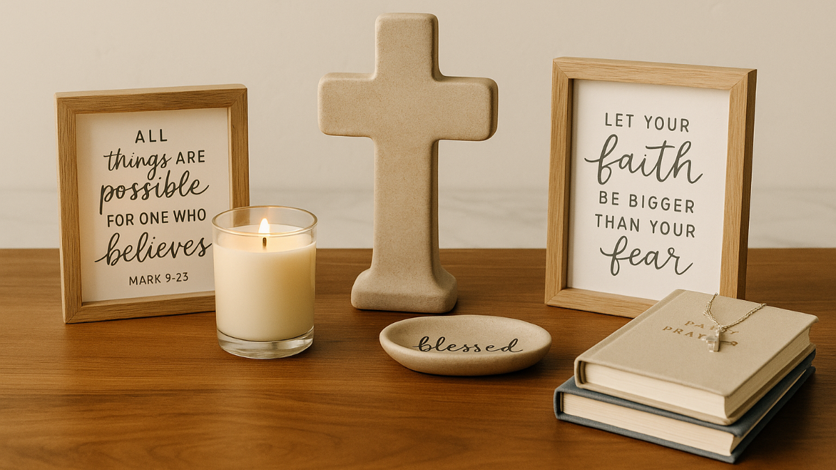 Customer favorites hero banner image in 1536x1024 pixels showing a horizontal arrangement of low-profile faith-inspired products on a wooden surface with warm lighting