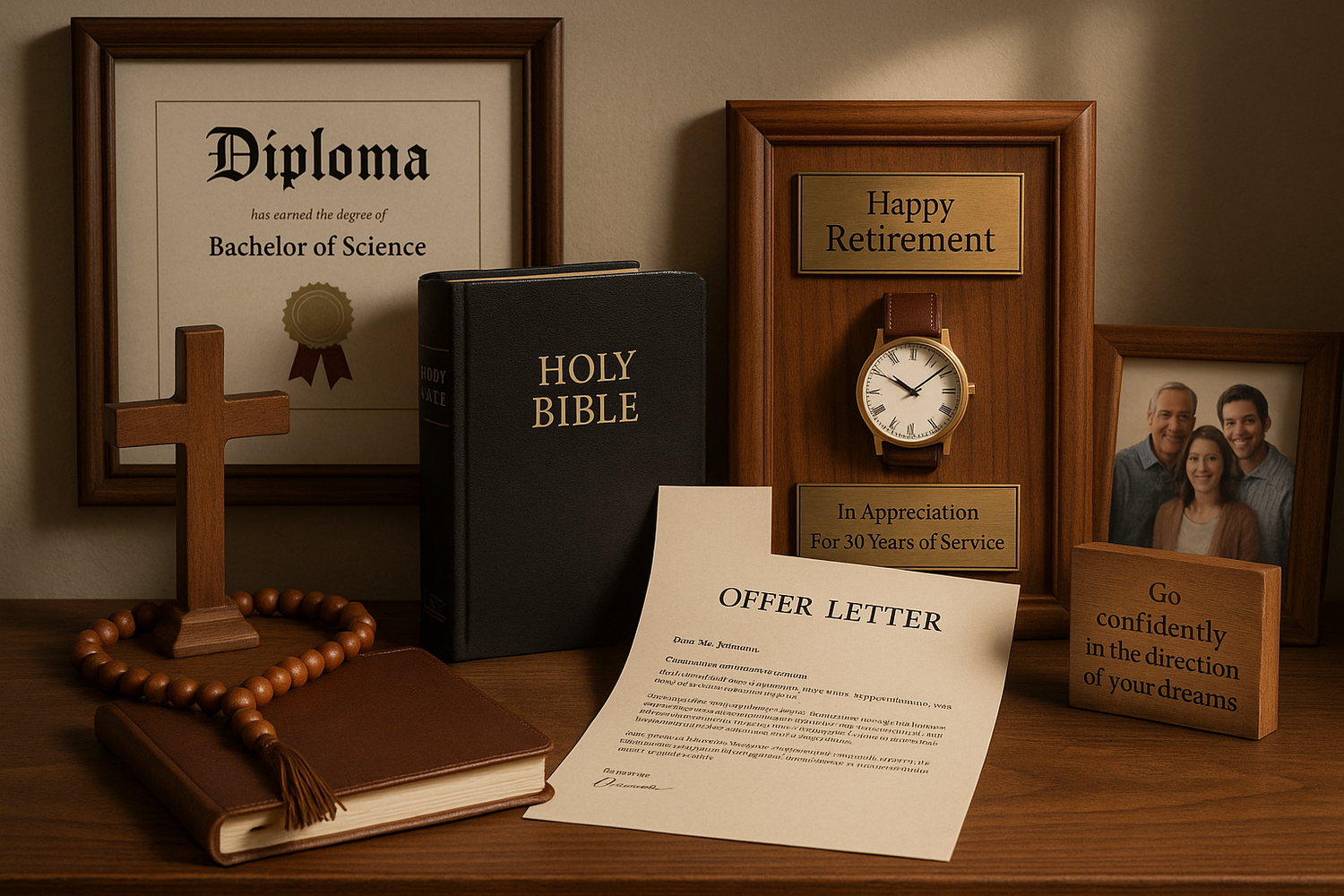 Realistic collection of milestone keepsakes including graduation diploma, retirement items, spiritual symbols, and inspirational mementos arranged in warm natural lighting