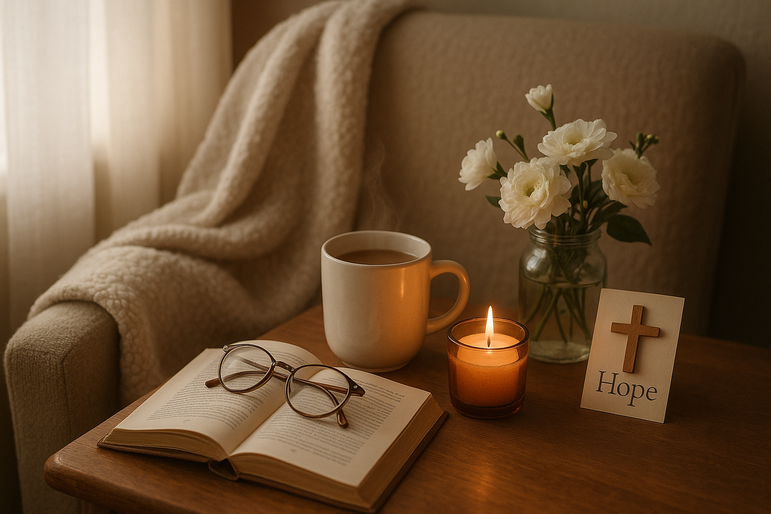 Realistic comfort and healing scene with soft blanket, steaming tea, candlelight, flowers, and peaceful reading corner