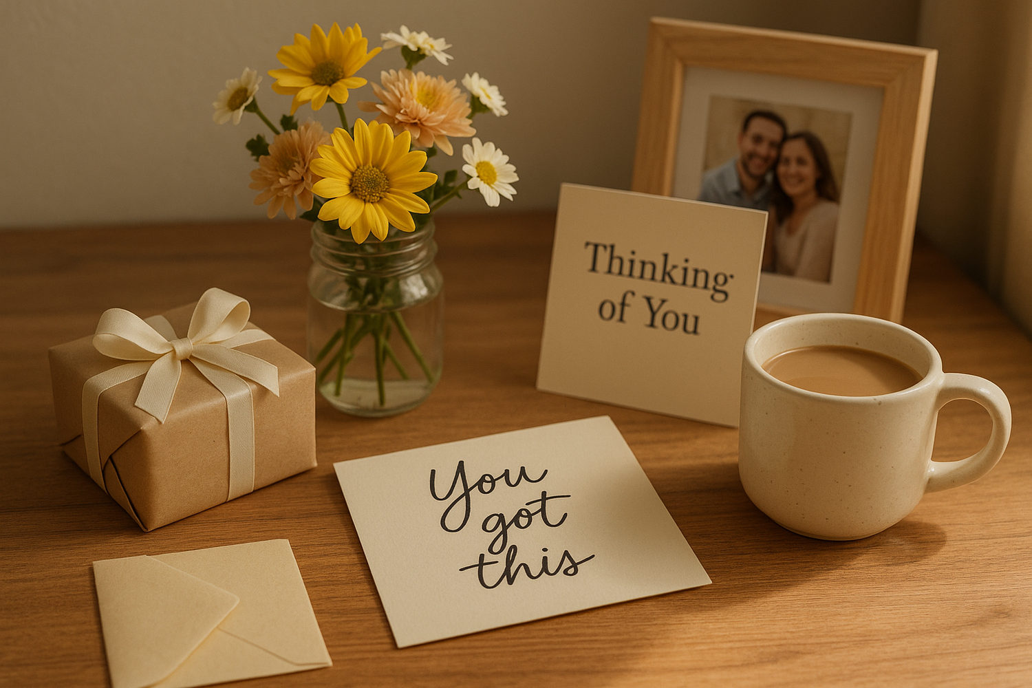 Realistic encouragement scene with handwritten notes, cheerful flowers, warm beverage, and thoughtful gestures without any phone, in natural lighting