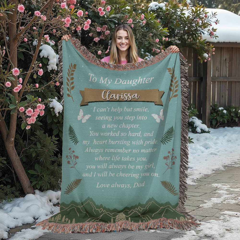 Custom woven blanket for daughter showing name and message from Dad