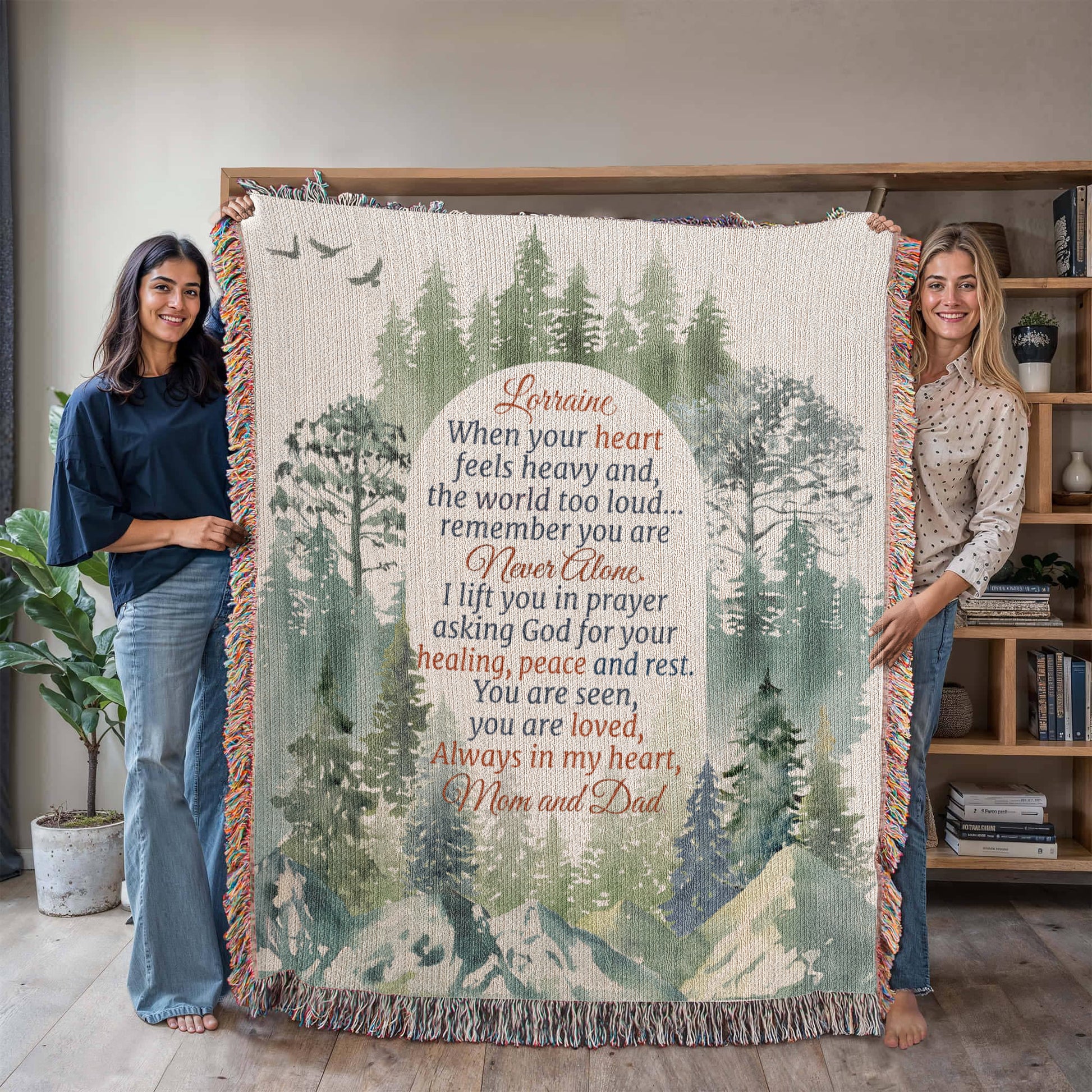 Custom woven blanket with daughter’s name and poem message of comfort