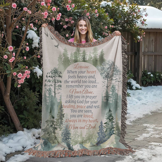 Encouragement woven blanket for daughter, Girl holding up blanket