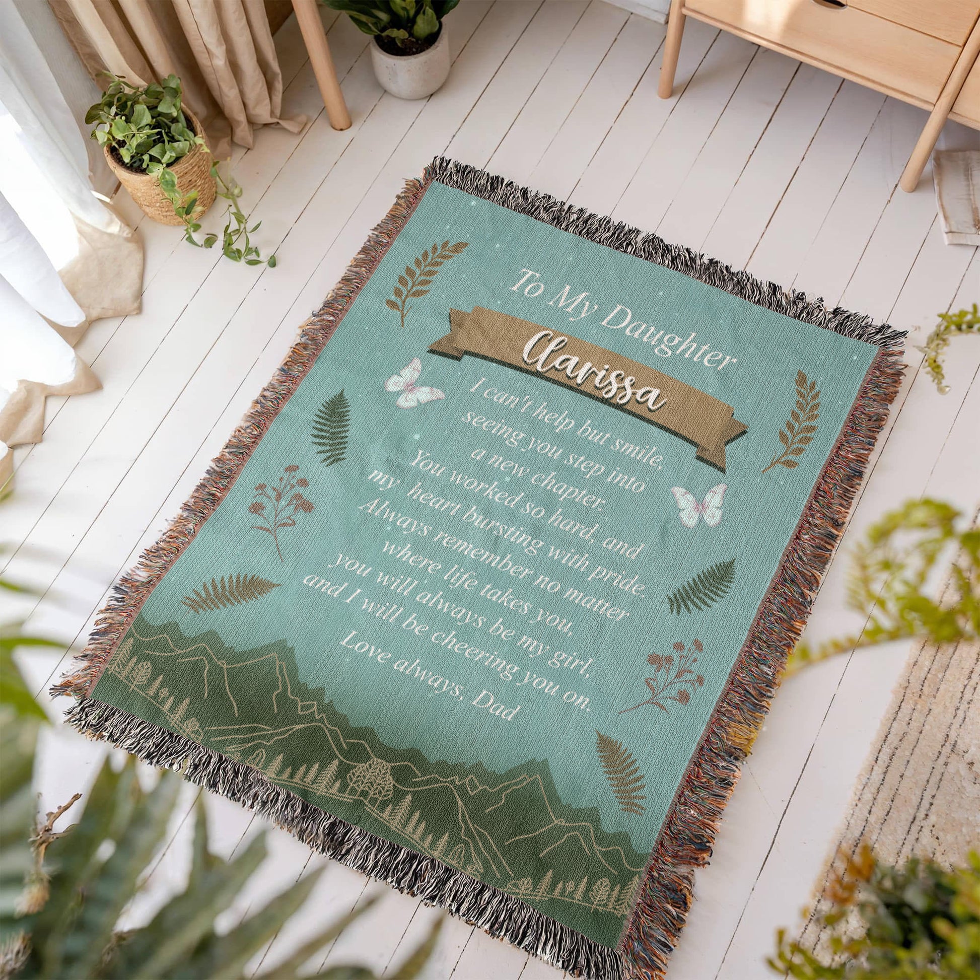 Heirloom-quality woven graduation blanket personalized with daughter’s name