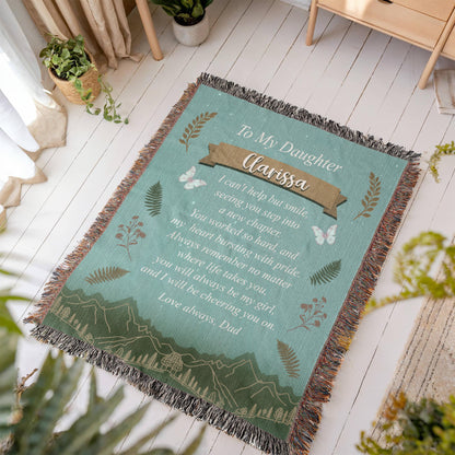 Heirloom-quality woven graduation blanket personalized with daughter’s name