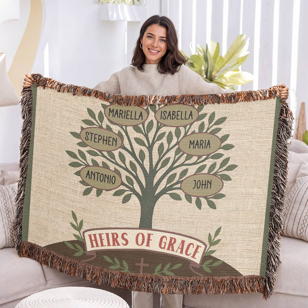 Custom Family Tree Heirloom Woven Blanket – Olive Branch Design, Christian Keepsake for Generations