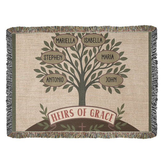 Custom Family Tree Heirloom Woven Blanket with Olive Branch and Cross