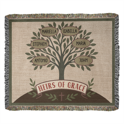 Custom Family Tree Heirloom Woven Blanket – Olive Branch Design, Christian Keepsake for Generations