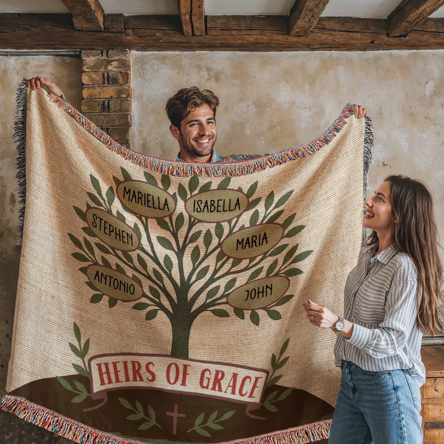 Custom Family Tree Heirloom Woven Blanket – Olive Branch Design, Christian Keepsake for Generations