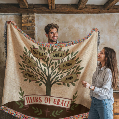 Custom Family Tree Heirloom Woven Blanket – Olive Branch Design, Christian Keepsake for Generations