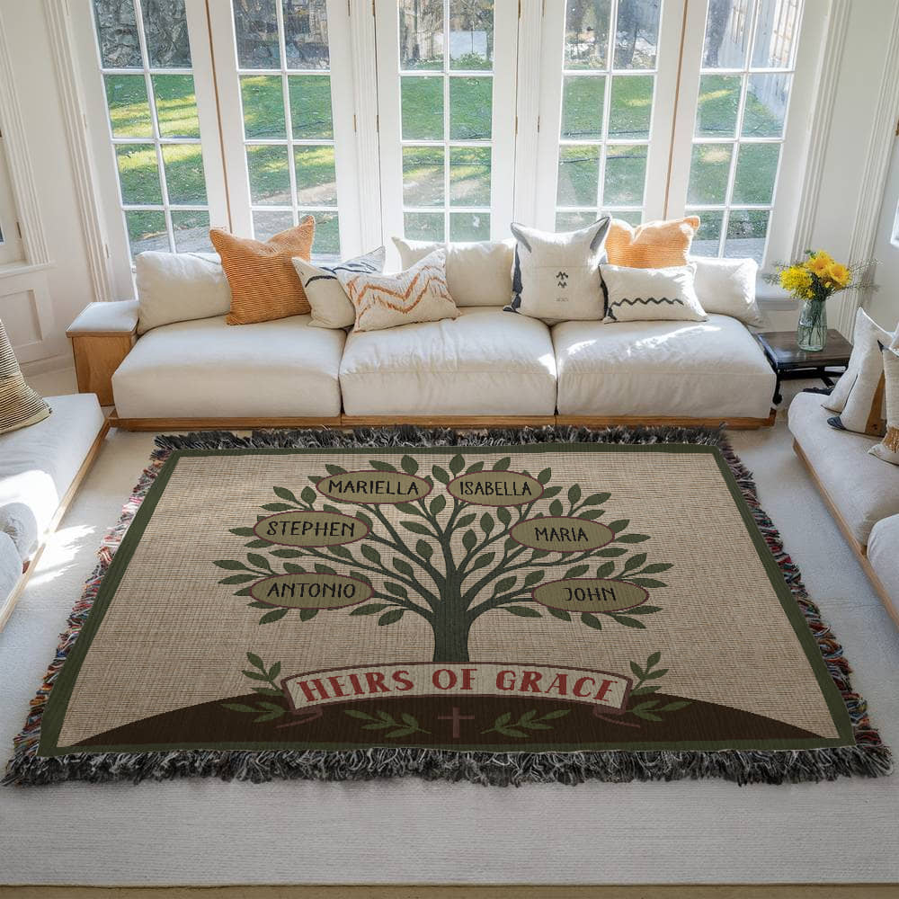 Custom Family Tree Heirloom Woven Blanket – Olive Branch Design, Christian Keepsake for Generations