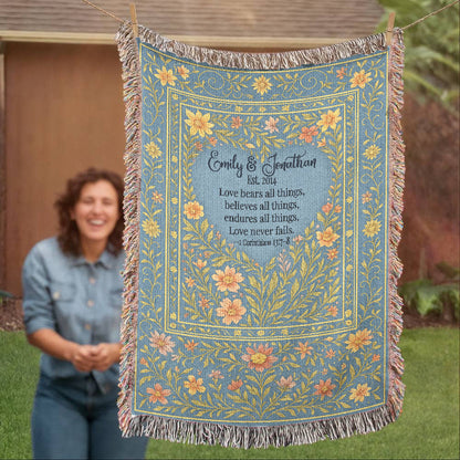 Personalized Christian Wedding Woven Blanket – Love Bears All Things