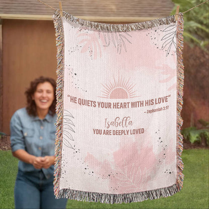 He Quiets Your Heart – Zephaniah 3:17 Christian Woven Blanket, Scripture Throw