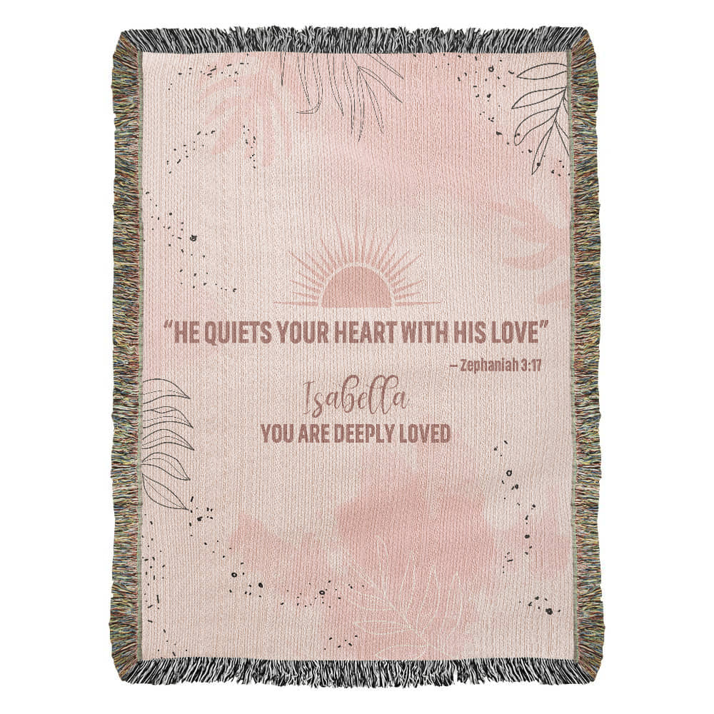 He Quiets Your Heart – Zephaniah 3:17 Christian Woven Blanket, Scripture Throw