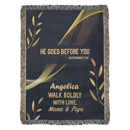He Goes Before You – Deuteronomy 31:8 Christian Woven Blanket, Scripture Throw