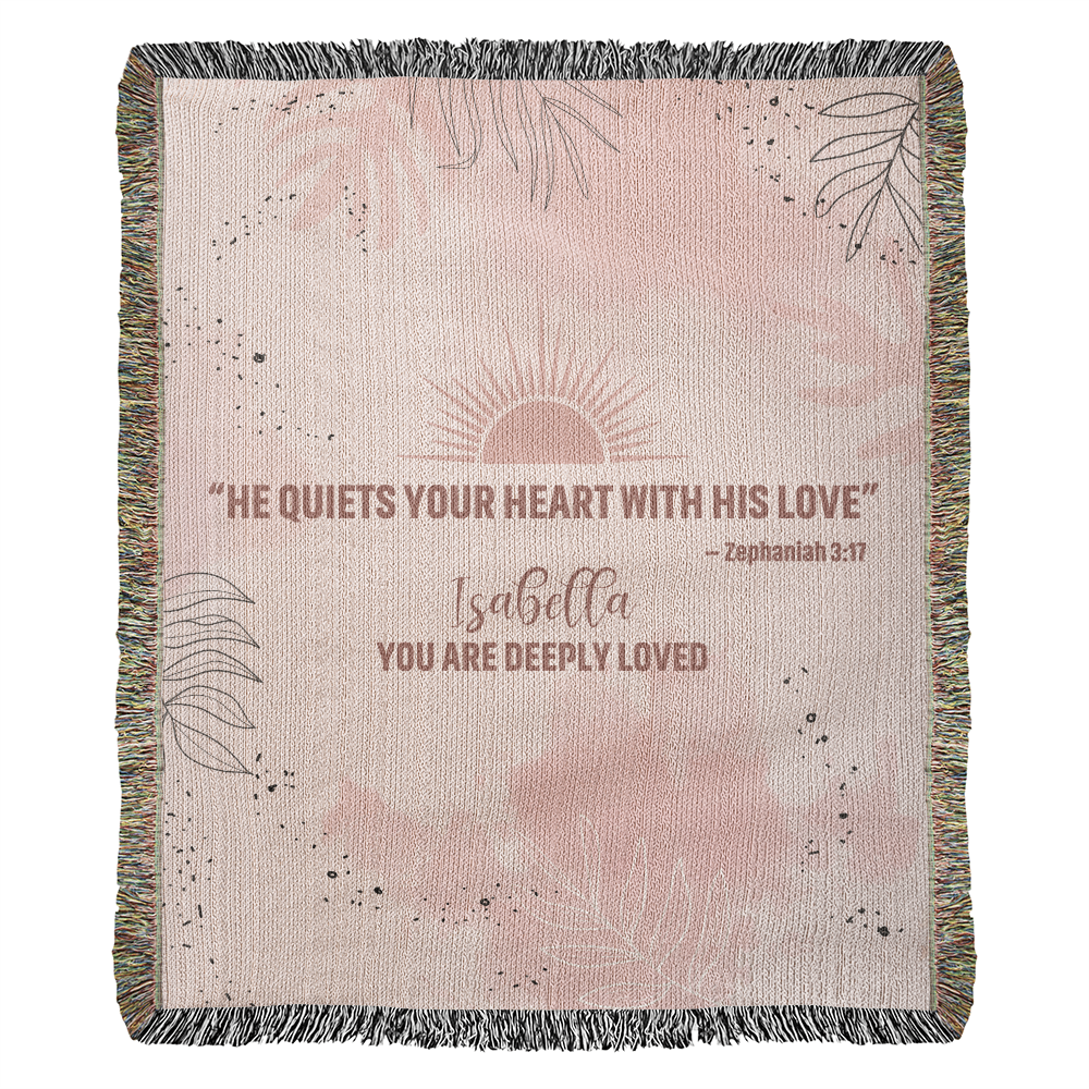 He Quiets Your Heart – Zephaniah 3:17 Christian Woven Blanket, Scripture Throw
