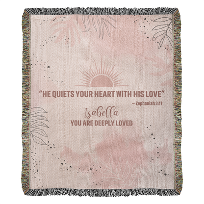 He Quiets Your Heart – Zephaniah 3:17 Christian Woven Blanket, Scripture Throw