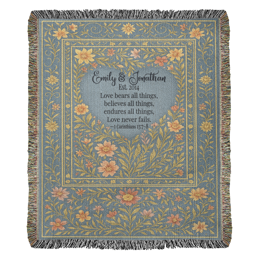 Personalized Christian Wedding Woven Blanket – Love Bears All Things
