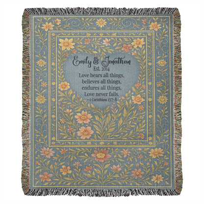 Personalized Christian Wedding Woven Blanket – Love Bears All Things