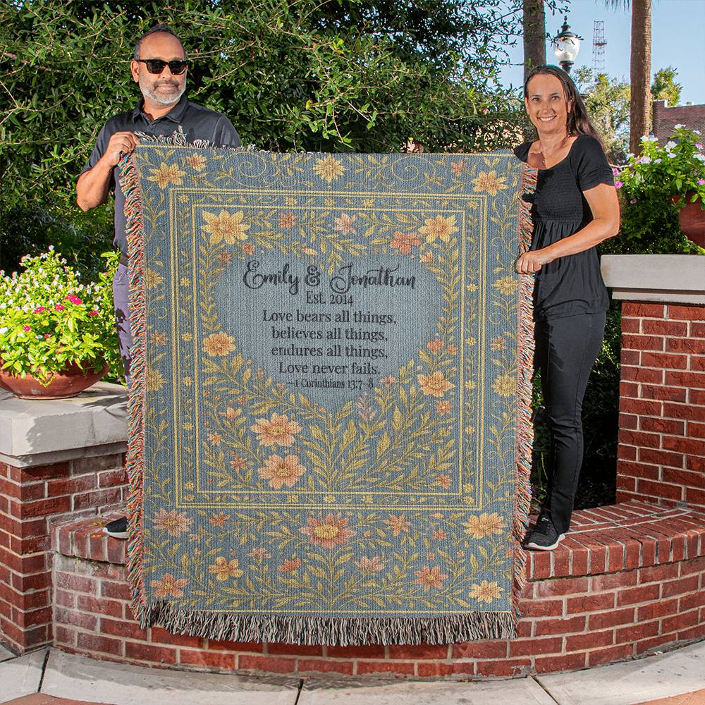Personalized Christian Wedding Woven Blanket – Love Bears All Things