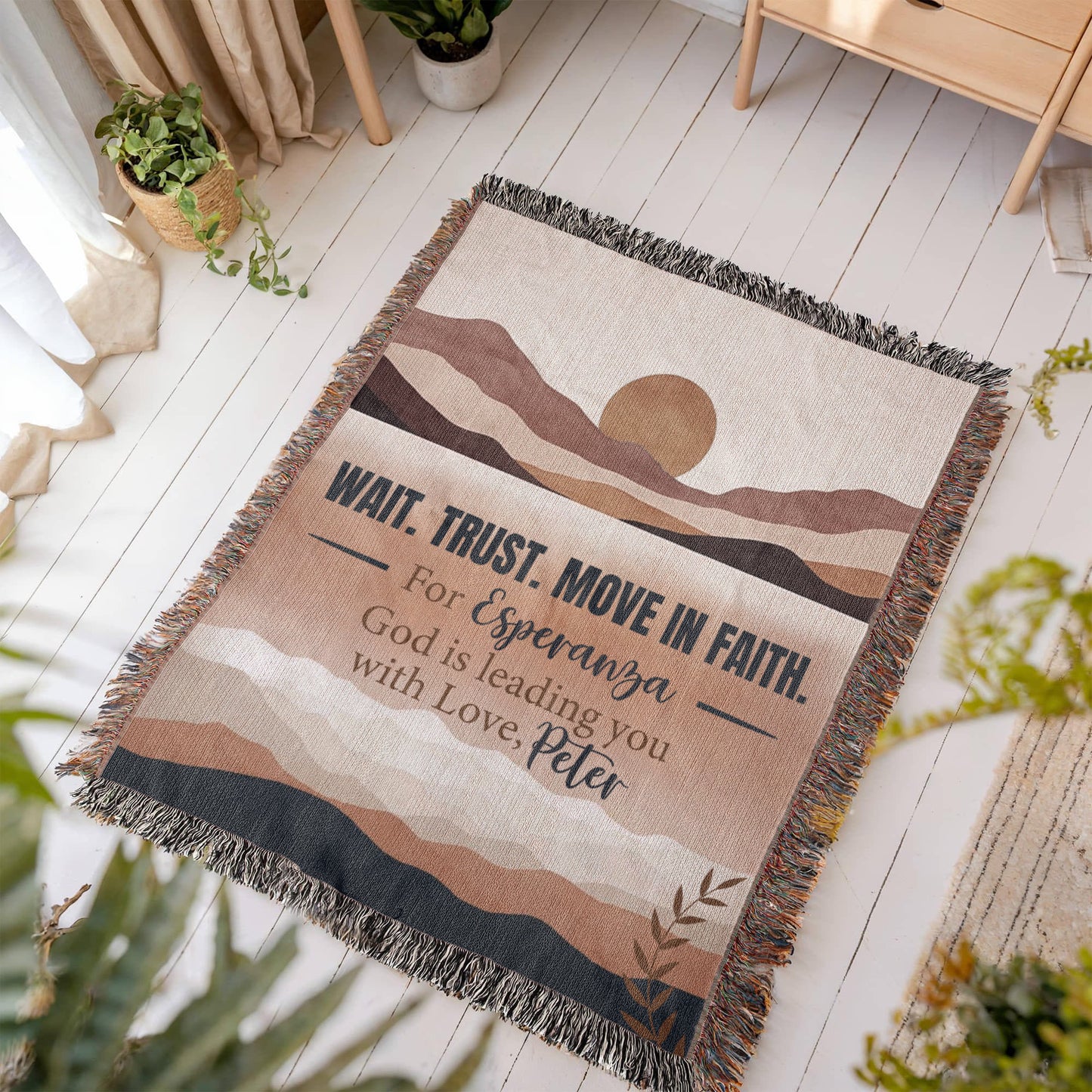 Wait Trust Move in Faith – Personalized Christian Woven Blanket, Scripture Throw