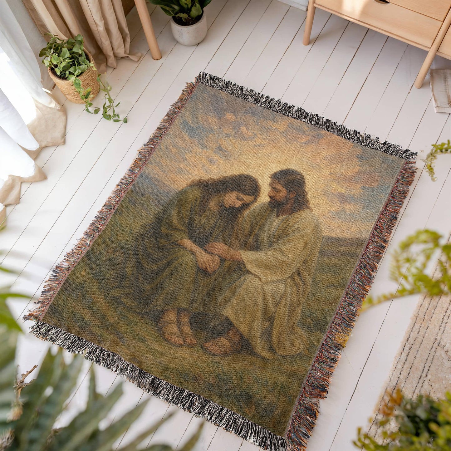 You Are Not Alone – Christian Woven Blanket, Jesus Comforting Woman Throw