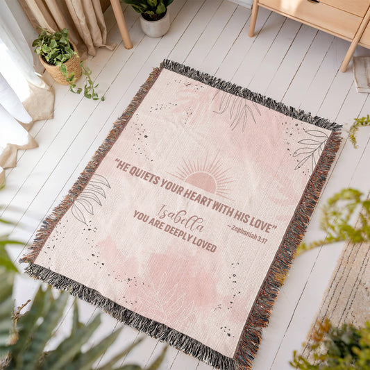 He Quiets Your Heart – Zephaniah 3:17 Christian Woven Blanket, Scripture Throw