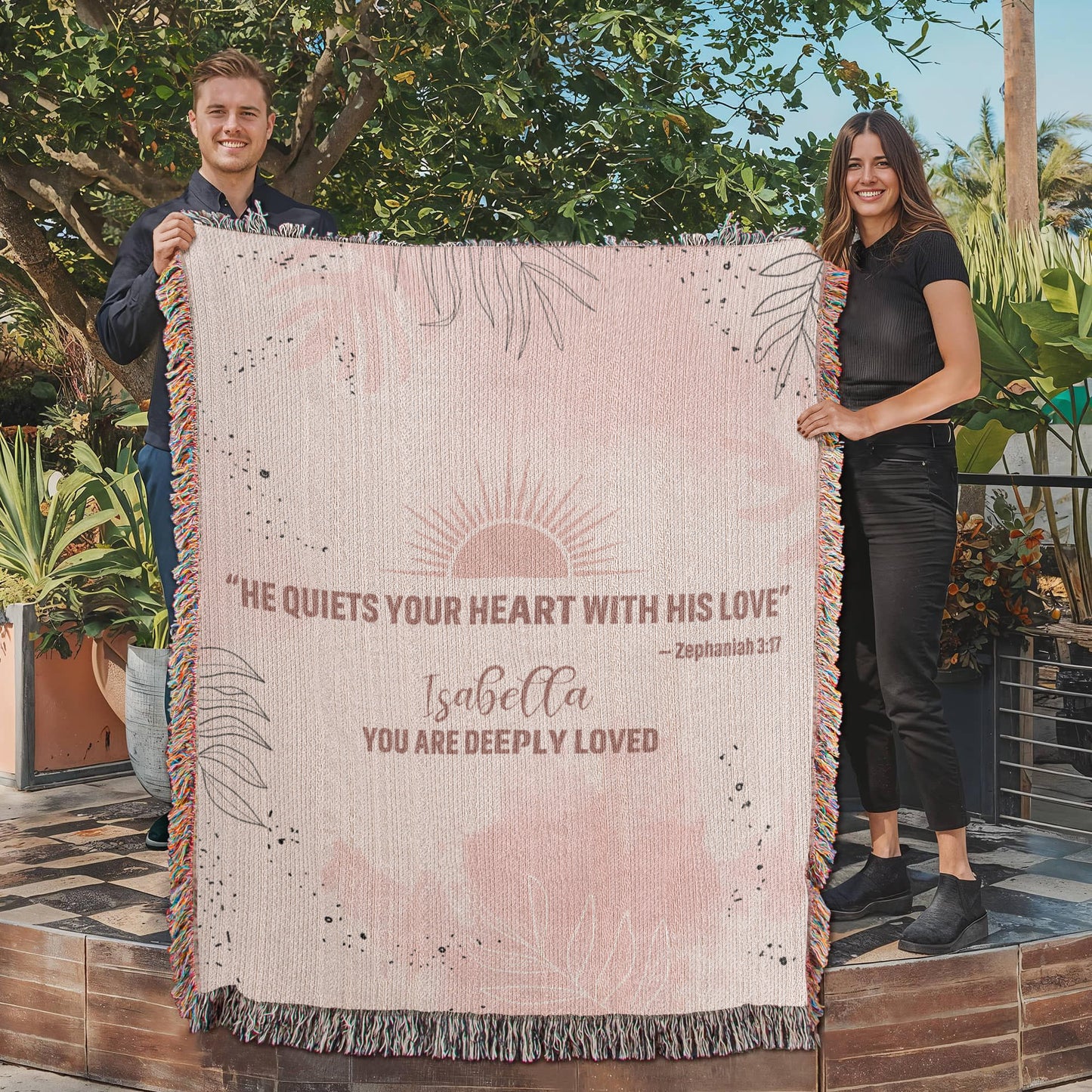 He Quiets Your Heart – Zephaniah 3:17 Christian Woven Blanket, Scripture Throw