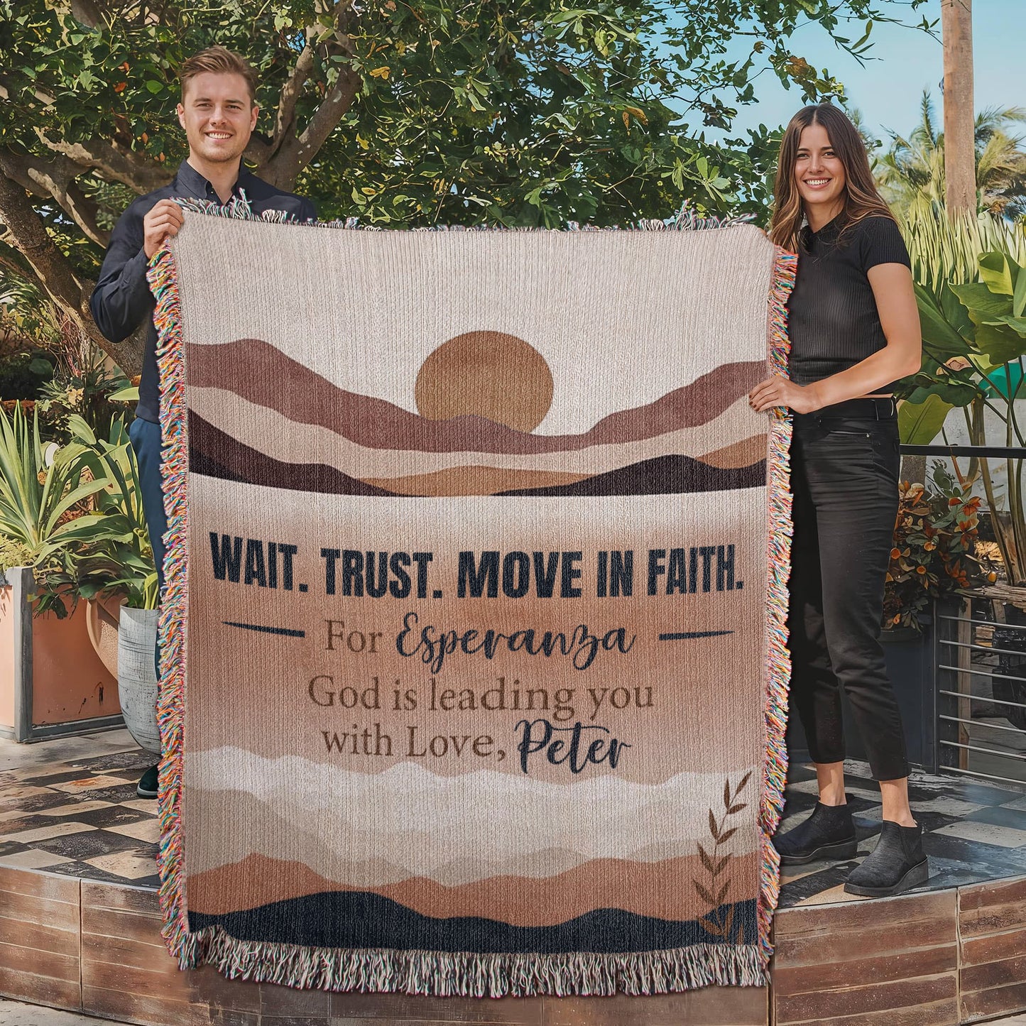 Wait Trust Move in Faith – Personalized Christian Woven Blanket, Scripture Throw