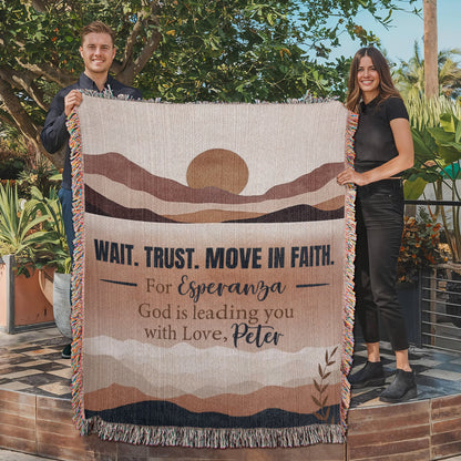 Wait Trust Move in Faith – Personalized Christian Woven Blanket, Scripture Throw