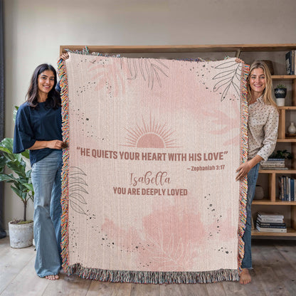 He Quiets Your Heart – Zephaniah 3:17 Christian Woven Blanket, Scripture Throw