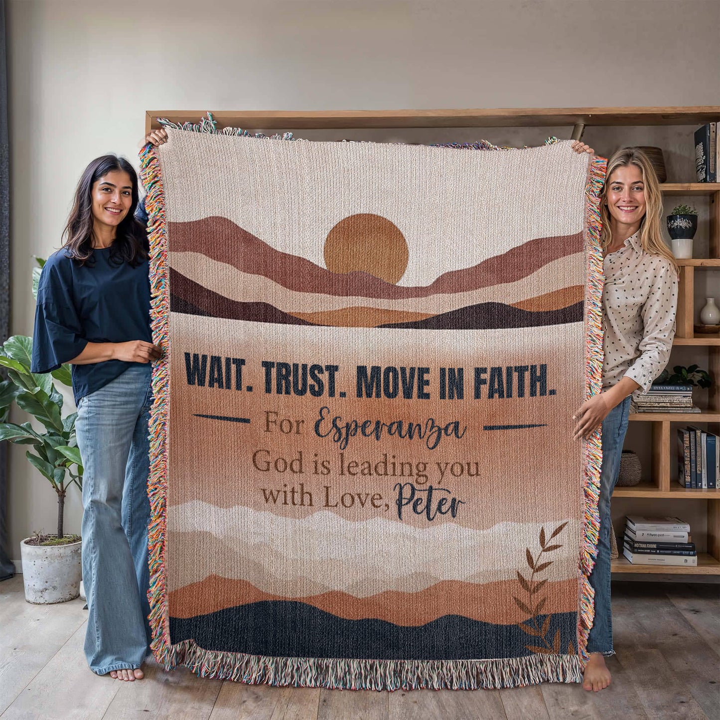 Wait Trust Move in Faith – Personalized Christian Woven Blanket, Scripture Throw