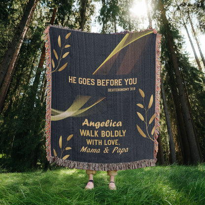 He Goes Before You – Deuteronomy 31:8 Christian Woven Blanket, Scripture Throw