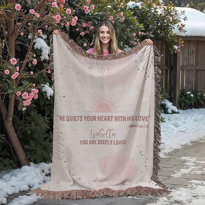 He Quiets Your Heart – Zephaniah 3:17 Christian Woven Blanket, Scripture Throw