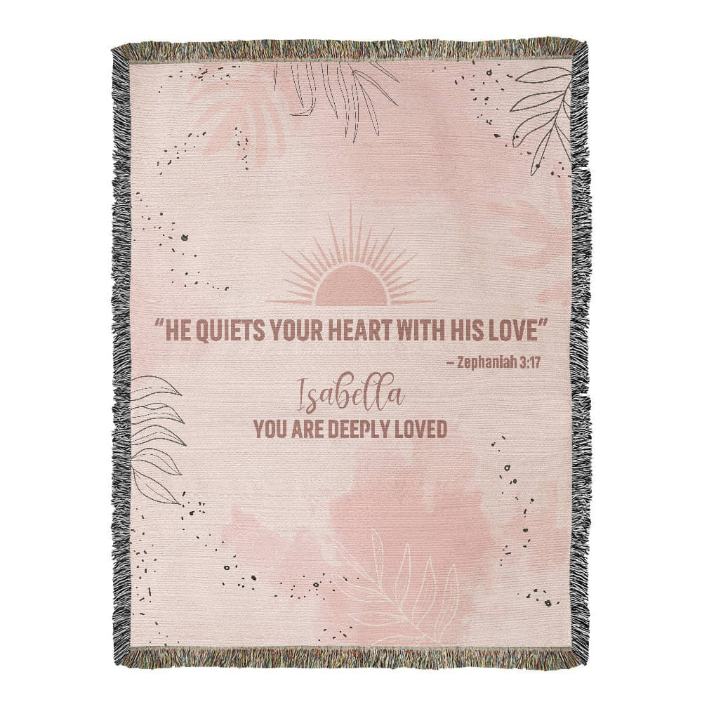 He Quiets Your Heart – Zephaniah 3:17 Christian Woven Blanket, Scripture Throw
