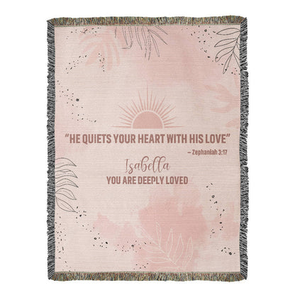 He Quiets Your Heart – Zephaniah 3:17 Christian Woven Blanket, Scripture Throw