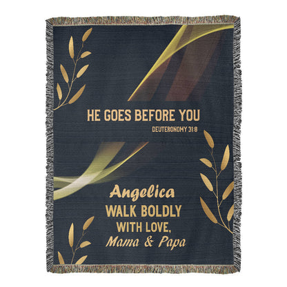 He Goes Before You – Deuteronomy 31:8 Christian Woven Blanket, Scripture Throw