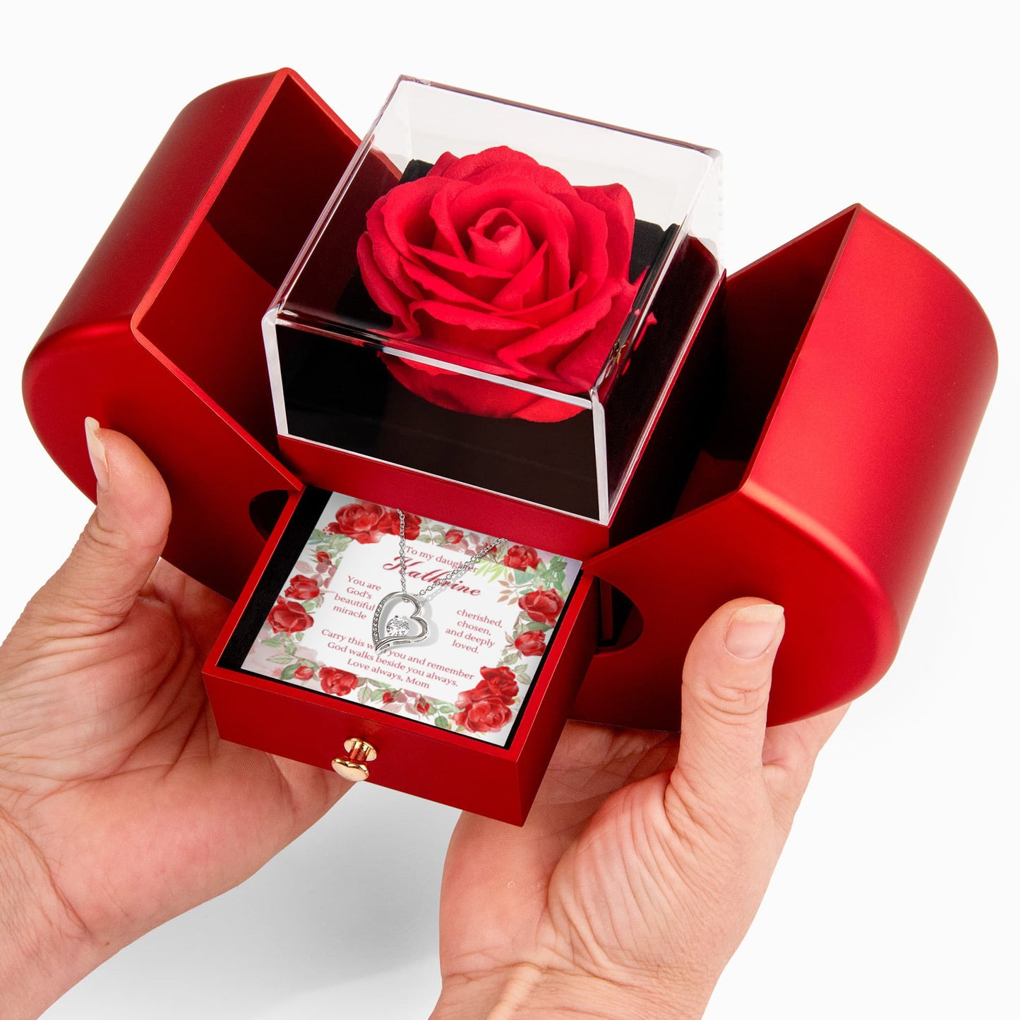 Personalized Heart Pendant Necklace Gift for Daughter in Red Rose Box