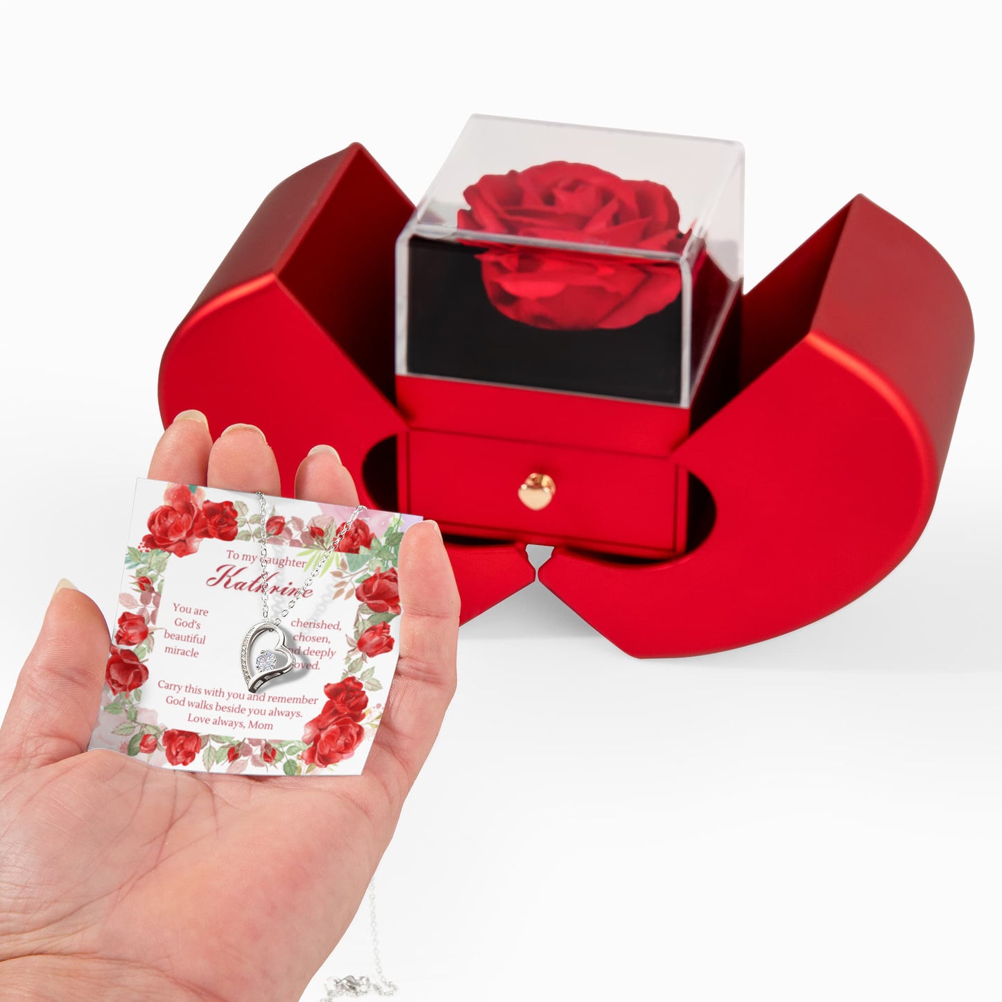 Personalized Heart Pendant Necklace Gift for Daughter in Red Rose Box