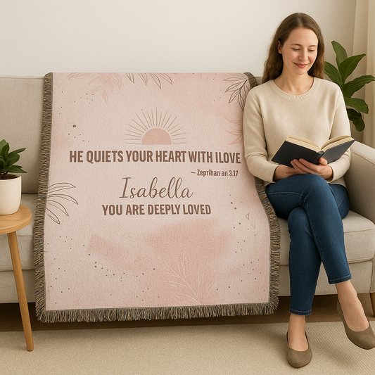 He Quiets Your Heart – Zephaniah 3:17 Christian Woven Blanket, Scripture Throw