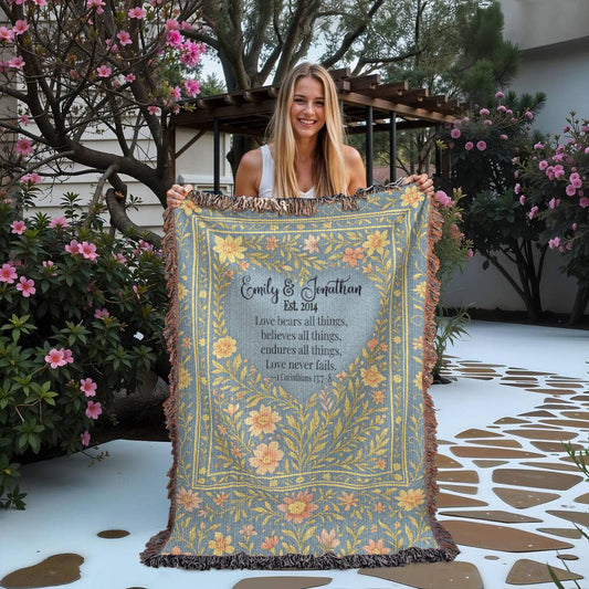 Personalized Christian Wedding Woven Blanket – Love Bears All Things