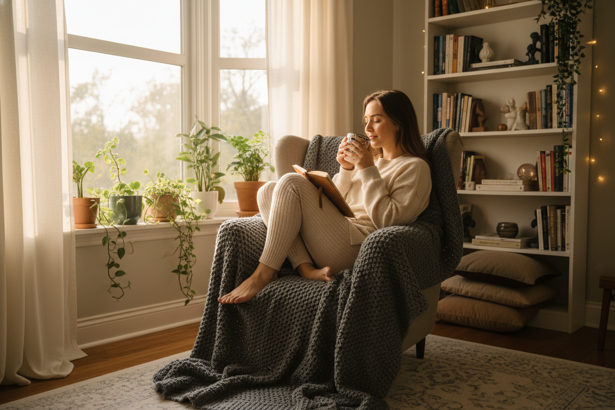 Woman by window with mug and journal